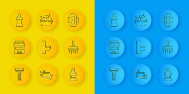 Tıraş bıçağı, terleme önleyici deodorant rulo, klozet, ağız yıkama suyu şişesi, duş başlığı, temizlik malzemesi şişesi, hijyenik peçete ve sabun köpüklü leğen. Vektör