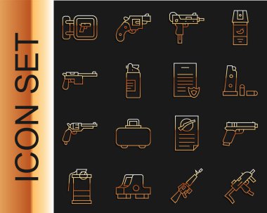 Set line MP9I submachine gun, Pistol or, Gun magazine and bullets, UZI, Weapons oil bottle, Mauser, Hunting shop weapon and Firearms license certificate icon. Vector clipart