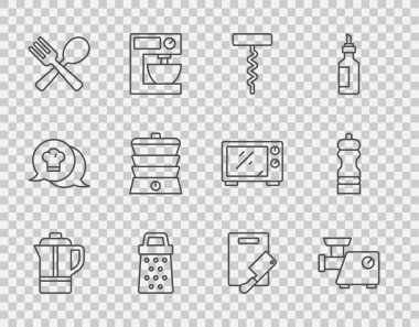 Teapot, Kitchen et öğütücüsü, şarap tirbuşonu, Grater, çapraz çatal ve kaşık, Yavaş pişiren, tahta kesen ve biber ikonu. Vektör
