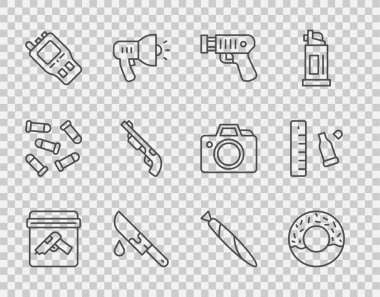 Silah, çörek, elektrik şoku, kanlı bıçak, telsiz, pompalı tüfek, marihuana dükkanı ve kurşun kovanı ikonu. Vektör