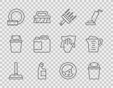 Halat pompası, çöp tenekesi, cam temizleyicisi, şişe temizleyici, bulaşık makinesi, çamaşır makinesi ve pudra ikonu. Vektör