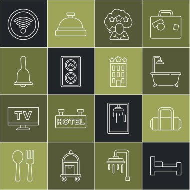 Hat hattı otel odası yatağı, bavul, duşlu küvet, beş yıldızlı değerlendirme, asansör, servis zili, kablosuz ağ ve bina ikonu. Vektör