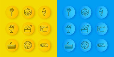 Cherry Cheesecake, kasede dondurma, çikolatalı rulo pasta, lolipop, waffle konisi ve çikolatalı kek ikonu. Vektör