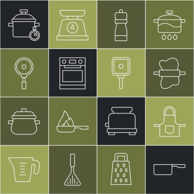 Saucepan, mutfak önlüğü, merdane hamuru, biber, fırın, kızartma, tencere ve ikon. Vektör
