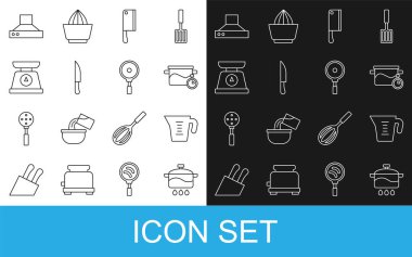 Hattı kur. Yemek kabı, ölçü kabı, et helikopteri, bıçak, pullar, mutfak sökücü yelpaze ve kızartma tavası ikonu. Vektör