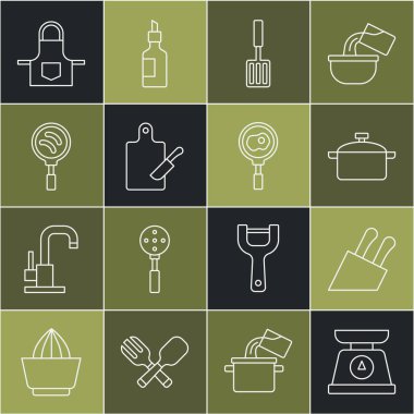 Halat ölçekleri, bıçak, pişirme kabı, barbekü spatulası, kesme tahtası ve bıçak, kızartma tavası, mutfak önlüğü ve kızarmış yumurta ikonu. Vektör