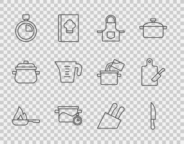Hattı, tavayı, bıçağı, mutfak önlüğünü, tencereyi, saati, ölçü kabını, kesme tahtasını ve bıçak ikonunu ayarla. Vektör