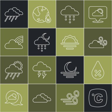Celsius hattı, su damlası yüzdesi, rüzgarlı hava, yağmurlu bulut ve ay, gökkuşağı bulutları ve gündoğumu ikonu. Vektör