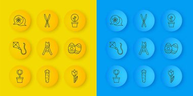 Çiçek lalesi saksıda, Kite, bahçe makası, Paskalya yumurtası, orman ve ikon. Vektör