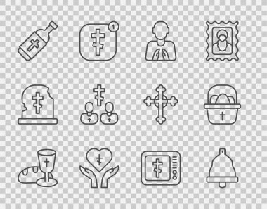 Kadeh, ekmek, kilise çanı, dua eden eller, kutsal haç kalbi, kutsal su şişesi, rahip, online kilise papazı vaazı ve paskalya yumurtası ikonlu sepet. Vektör