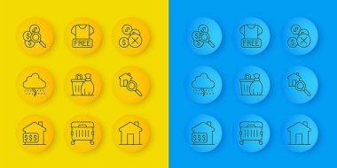 Evi dolar, bulut yağmuru, çöp tenekesi, gayrimenkul, arama evi, para ve giysi bağış ikonu ile donatın. Vektör