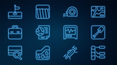 Toprak analizi, Kürek, Rulet inşaatı evrak dolu dünya küresi, evrak çantası, bayrak, sismograf ve yer ikonu. Vektör