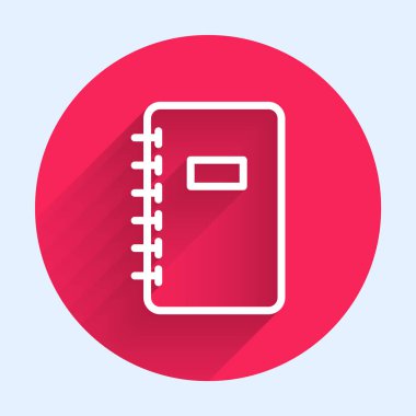 Beyaz çizgi Not Defteri simgesi uzun gölgeyle izole edildi. Spiral not defteri simgesi. Okul defteri. Yazı tahtası. Okul günlüğü. Kırmızı daire düğmesi. Vektör İllüstrasyonu.