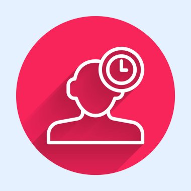 Beyaz çizgi uykusuzluk simgesi uzun gölge arkaplanı ile izole edilmiş. Kılcal damarlar ve gözbebekleri ile uyku bozukluğu. Yorgunluk ve stres. Kırmızı daire düğmesi. Vektör