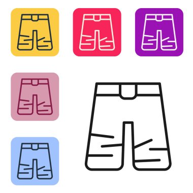 Siyah çizgi Geniş Pantolon simgesi beyaz arkaplanda izole edildi. Pantolon imzası. Renkli kare düğmelerle simgeleri ayarla. Vektör