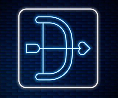 Parlayan neon çizgisi yay ve ok simgesi tuğla duvar arka planında izole edildi. Aşk tanrısı sembolü. Aşk işareti. Sevgililer günün kutlu olsun. Vektör