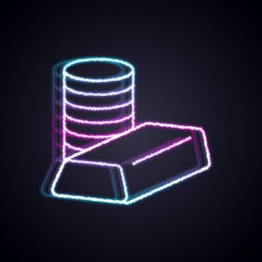 Siyah zemin üzerinde altın külçeleri olan parlak neon çizgili altın sikke. Bankacılık işareti. Para sembolü. Vektör