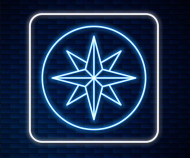 Parlayan neon çizgisi. Rüzgar gül ikonu tuğla duvar arkasında izole edilmiş. Seyahat için pusula simgesi. Navigasyon tasarımı. Vektör