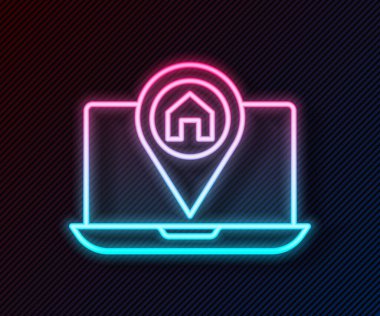 Şehir haritası yön bulma simgesinin parlayan neon hattı bilgileri siyah arkaplanda izole edildi. Laptop Uygulama Arayüzü tasarımı. Yer belirleme konsepti. Vektör