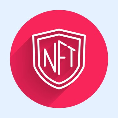 Beyaz çizgi NFT kalkan simgesi uzun gölge arkaplan izole. Para iadesi olmayan jeton. Dijital kripto sanat konsepti. Kırmızı daire düğmesi. Vektör