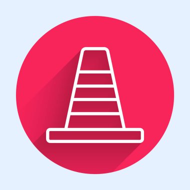 Beyaz çizgi trafik konisi simgesi uzun gölge arkaplanı ile izole edildi. Kırmızı daire düğmesi. Vektör