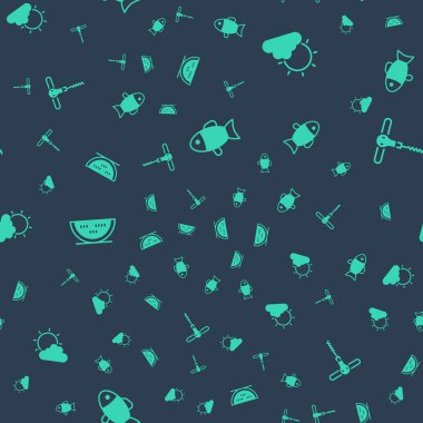 Balık, güneş ve bulut havası, karpuz ve şarap tirbuşonunu pürüzsüz desene ayarlayın. Vektör