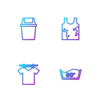 Sıcaklık temizleme, kurutma giysileri, çöp tenekesi ve kirli tişört ayarlayın. Renk simgeleri. Vektör