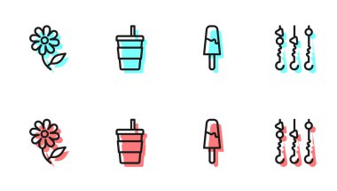 Dondurma, çiçek, su ile kağıt bardak ve şiş ikon üzerine ızgara şiş kebap. Vektör