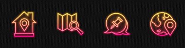 Pimi, evi, arama yerini ve küreyi ayarlayın. Parlayan neon ikonu. Vektör