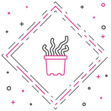 Beyaz arka planda izole edilmiş tencere ikonundaki çizgi egzotik tropikal bitki. Renkli taslak konsepti. Vektör.