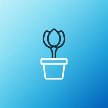 Mavi arkaplanda tencere ikonundaki çizgi çiçeği lalesi izole edildi. Tencerede yetişen bir bitki. Saksı bitkisi işareti. Renkli taslak konsepti. Vektör.