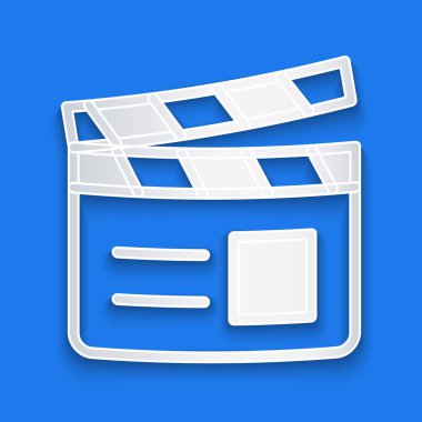 Kağıt kesiği Film alkışlama simgesi mavi arkaplanda izole edildi. Film alkışlama tahtası. Alkış tahtası işareti. Sinema yapımı ya da medya endüstrisi. Kağıt sanatı tarzı. Vektör.