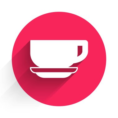 Beyaz kahve fincanı simgesi uzun gölgeli. Çay fincanı. Sıcak içecek kahvesi. Kırmızı daire düğmesi. Vektör.