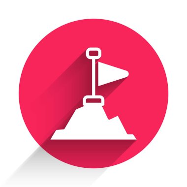 White Mountains with flag on top icon isolated with long shadow background. Symbol of victory or success concept. Goal achievement. Red circle button. Vector.