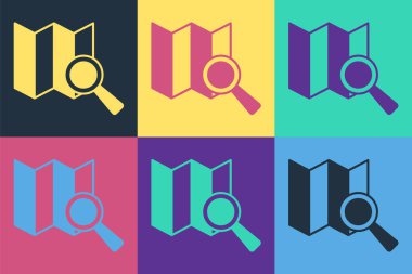 Pop Art Arama konumu simgesi renk arkaplanında izole edildi. İşaretli büyüteç. Vektör.