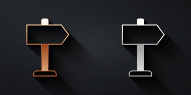 Altın ve gümüş yol trafik levhası. Siyah arkaplanda sinyal simgesi izole edildi. İşaretçi sembolü. İzole sokak bilgi levhası. Yön tabelası. Uzun gölge tarzı. Vektör.