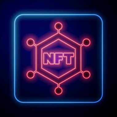 Siyah arkaplanda parlayan neon NFT engelleme teknolojisi ikonu izole edildi. Para iadesi olmayan jeton. Dijital kripto sanat konsepti. Vektör.