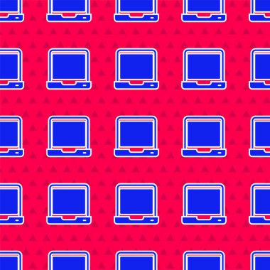 Kırmızı arkaplanda mavi dizüstü bilgisayar simgesi izole edildi. Boş ekran işaretli bilgisayar defteri. Vektör.