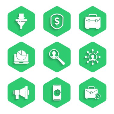 Bir insan cep telefonunu aramak için büyüteç ayarlayın. Grafik çizelgesi, çanta ve para ile. İş ağı iletişim ağı Megaphone Laptop ve Satış huni okları ikonu. Vektör.