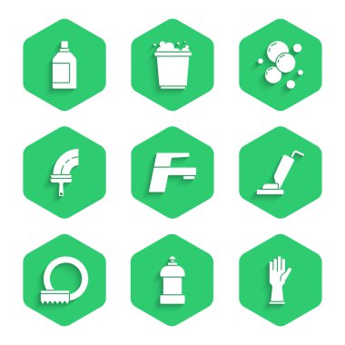 Temizlik görevlisi Rubber eldivenleri için su musluğu şişesi hazırla elektrikli süpürge bulaşık yıkama deterjanı sabun köpüğü ve ikon. Vektör.