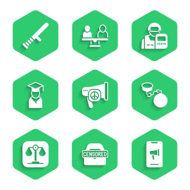 Barış Sansürlü Protesto Balosu 'nu adaletin zincire vurulması ve mezuniyet şapkalı polis memuru ve kauçuk cop ikonu üzerine kurun. Vektör.