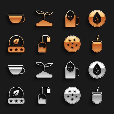 Çay poşeti, çay, kurabiye ya da bisküvi, limon ve ikon. Vektör.