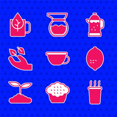 Bir fincan çay, limonlu kek, çay yaprağı, Fransız presi ve ikonlu. Vektör.