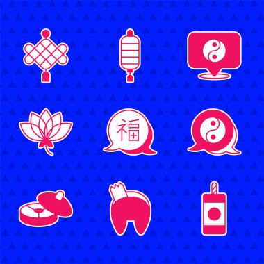 Çin Yeni Yıl Kurabiyesi Havai fişek Yin Yang sembolü çay seremonisi Lotus çiçeği ve kağıt fener ikonu. Vektör.