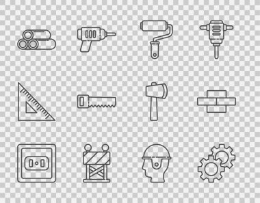 Elektrik prizi Dişli Paten Fırçası Endüstrisi Metalik Boru El İşçi kaskı ve Tuğla ikonu gördü. Vektör.