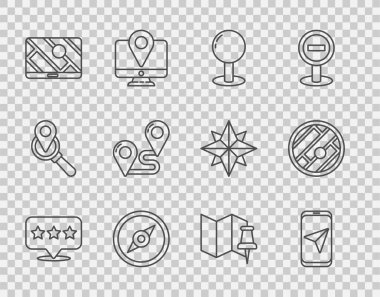 Yıldız Şehri harita navigasyonu Push pusula rotası konumu ile çizgi haritası işaretçisini ayarla. Katlanmış itme ve simge. Vektör.