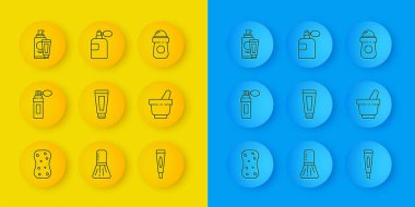 Kabarcık köpüklü Sponge parfüm kremi ya da losyon kozmetik tüpü havan topu ve terleme önleyici deodorant rulo ve ikon. Vektör.