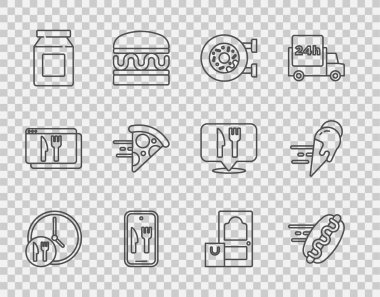 İnternetten sosisli, pizza ve dondurma ikonu siparişi vermek için sıraya girin. Vektör.