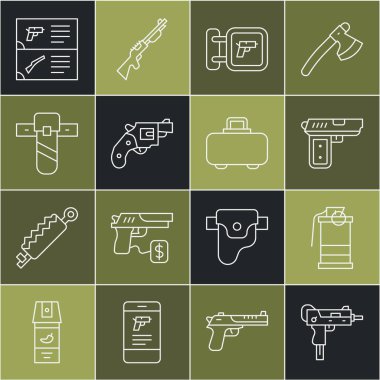 UZI hafif makineli tüfek El bombası el bombası el bombası el bombası silah küçük tabanca bıçak kılıfı kataloğu ve çanta ikonu. Vektör.