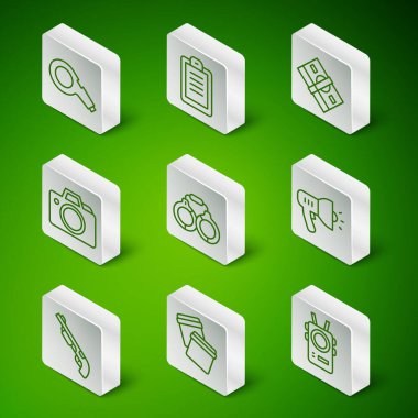 Emniyet Müdürlüğü 'nün vücut kamerası plastik torba ve fermuarlı Whistle Kelepçeli fotoğraf makinesi av tüfeği ve megafon ikonu. Vektör.